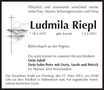 Traueranzeige von Ludmila Riepl von Pegnitz-Zeitung